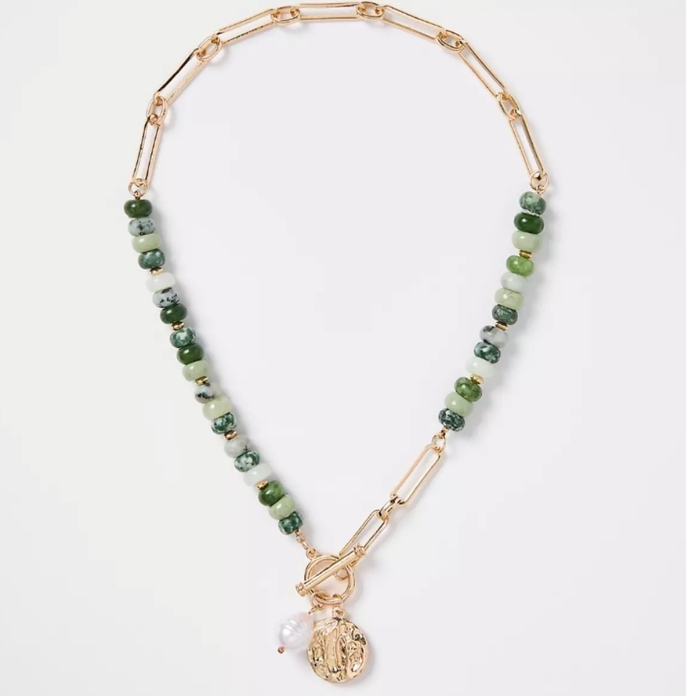 Green Beaded and Gold Coin Necklace